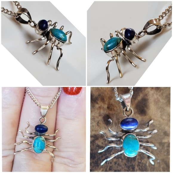 Genuine Mojave Turquoise and Lapis Spider Pendant - Picture 2 of 4